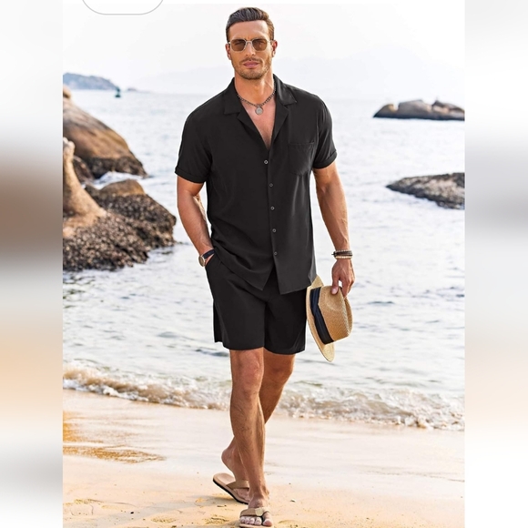 NEW MENS 2 PIECE BLACK BEACH CASUAL BUTTON DOWN SHIRT & SHORT SUIT SIZE LARGE - Picture 10 of 11